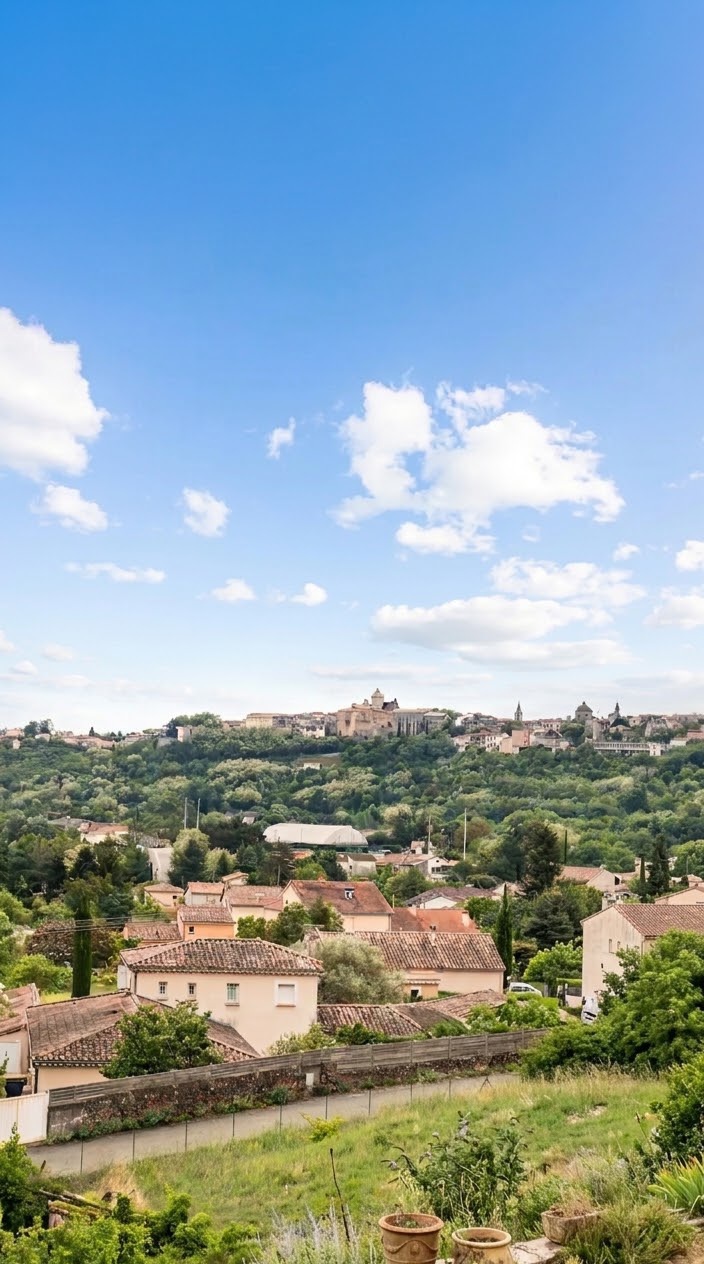 Vue panoramique sur Aubenas et les toits depuis la terrasse